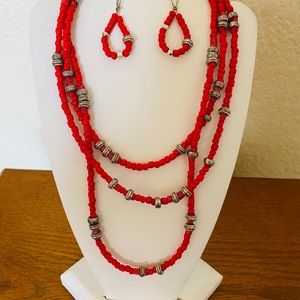 Red and Silver 3-layer Necklace and Earrings